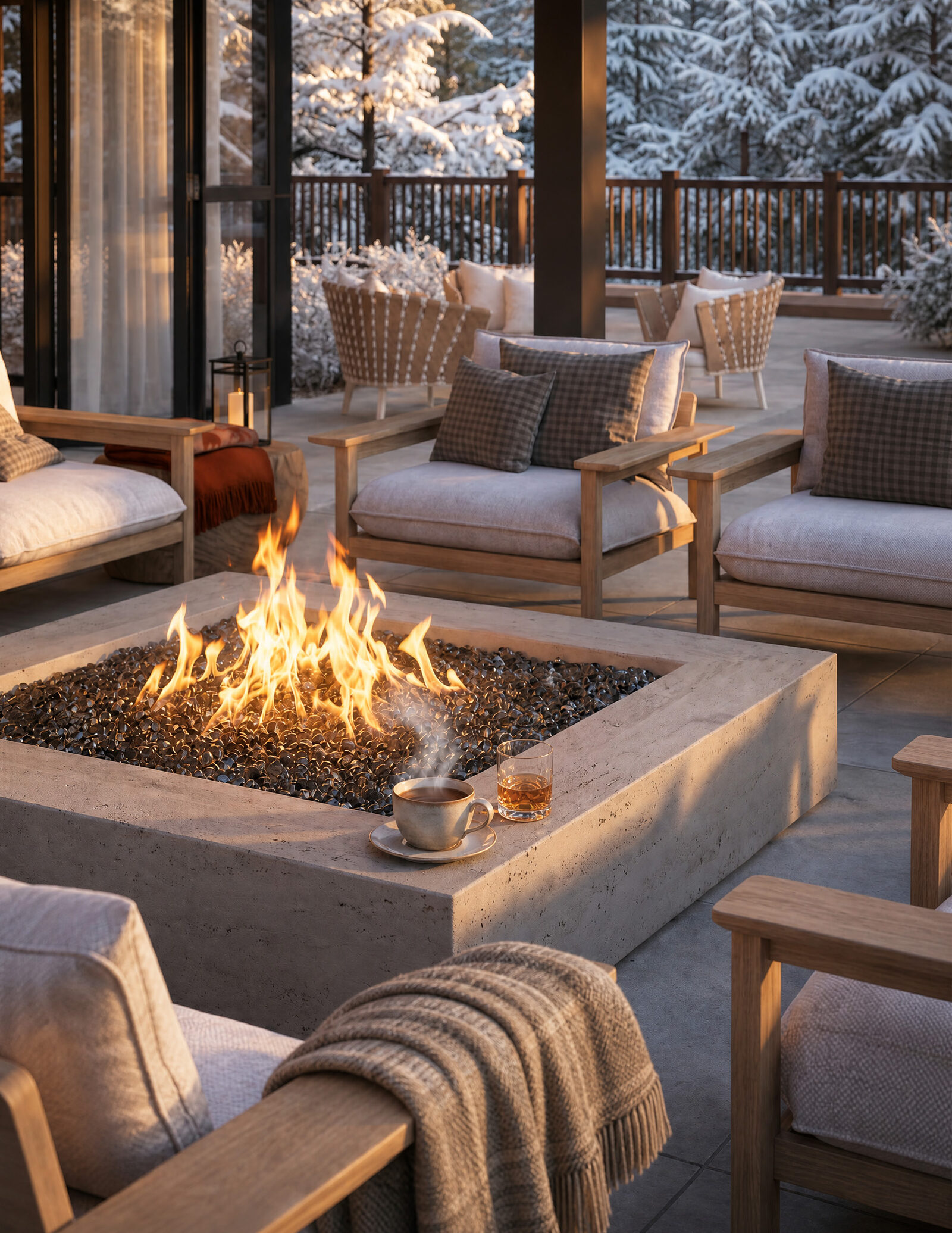 Owners Club terrace seating around a fire pit.