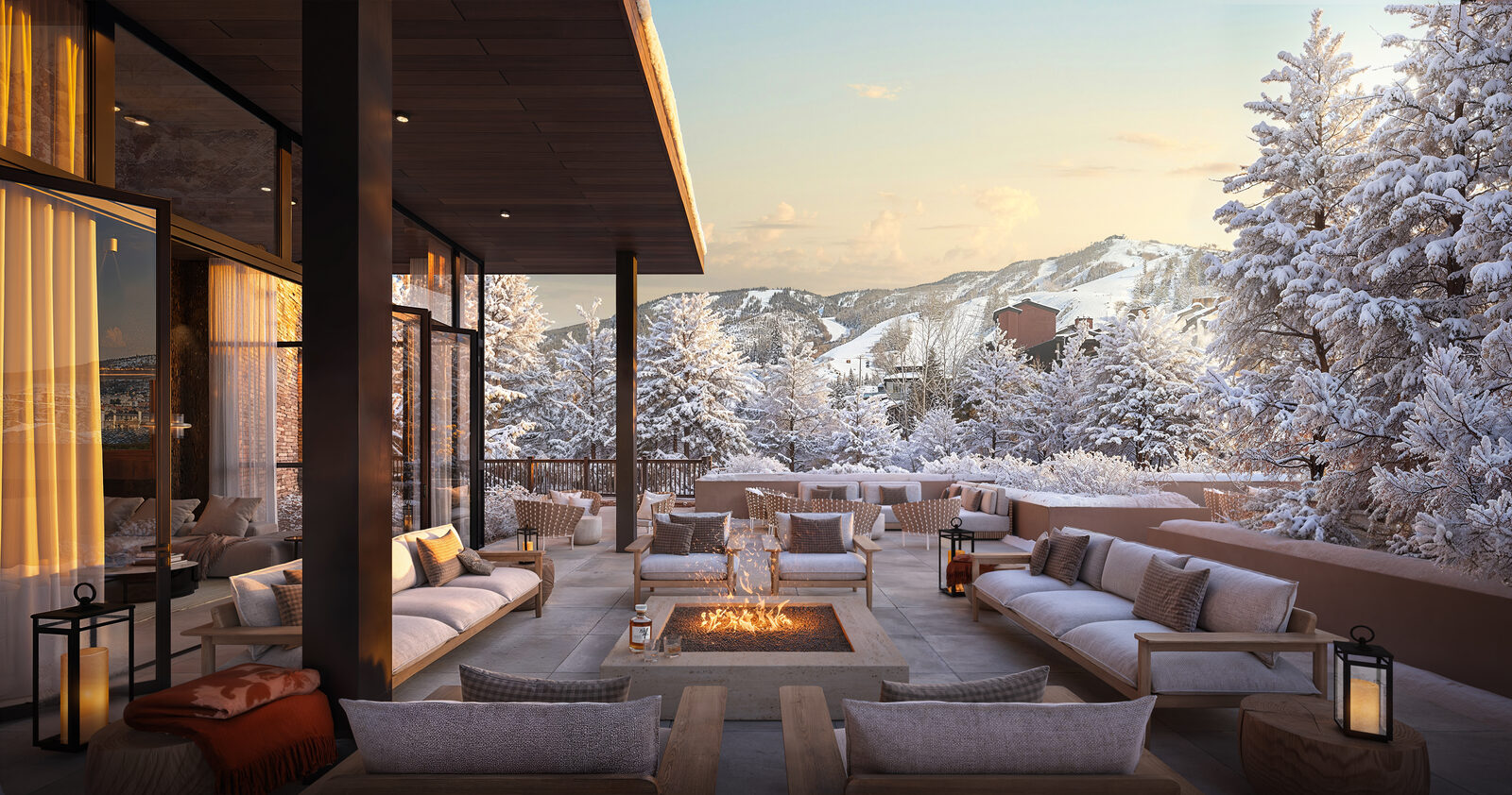 Outdoor owners club terrace with fire pit and mountain views.