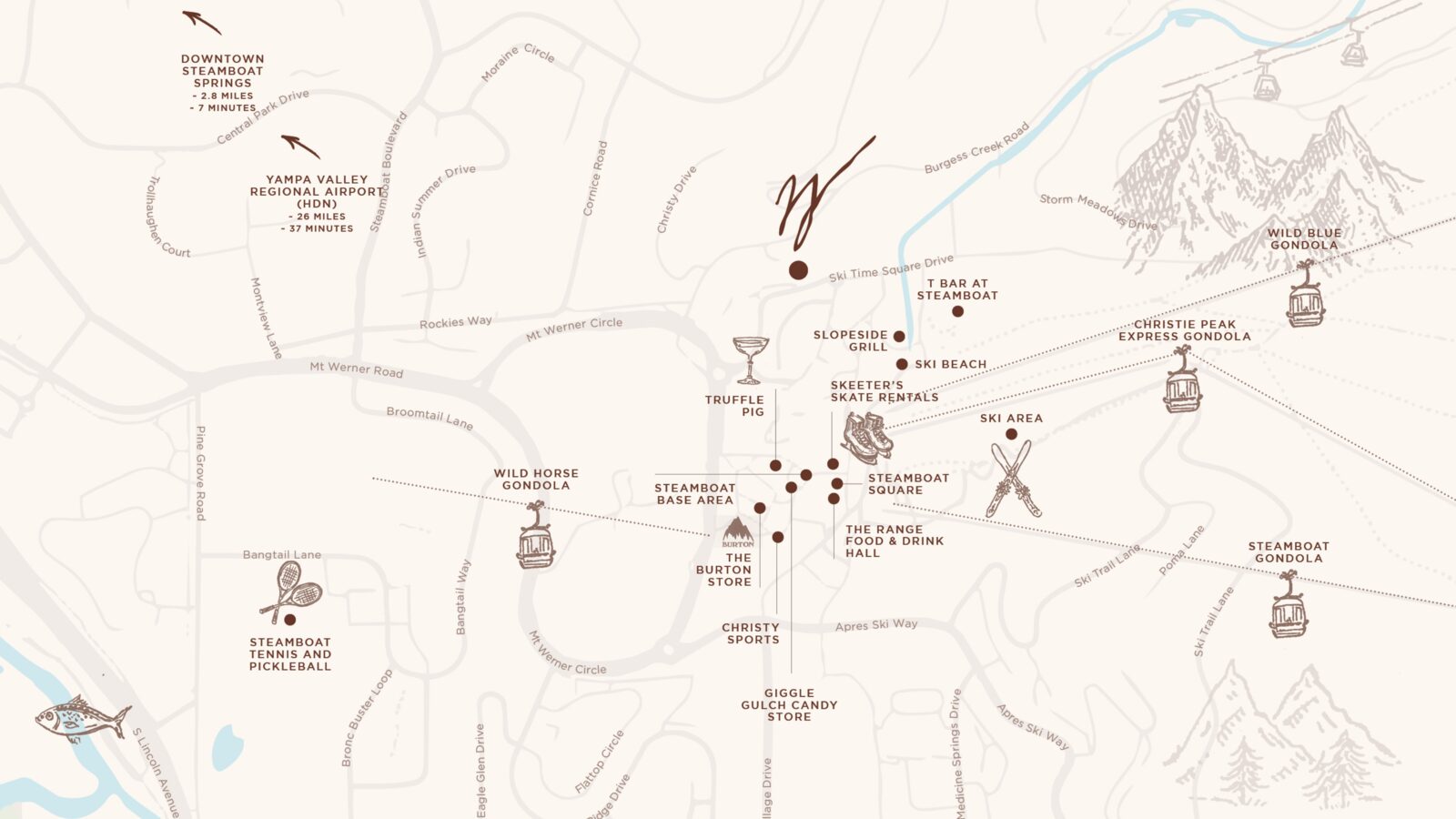 Map showing Wildair's location near the Steamboat base area.