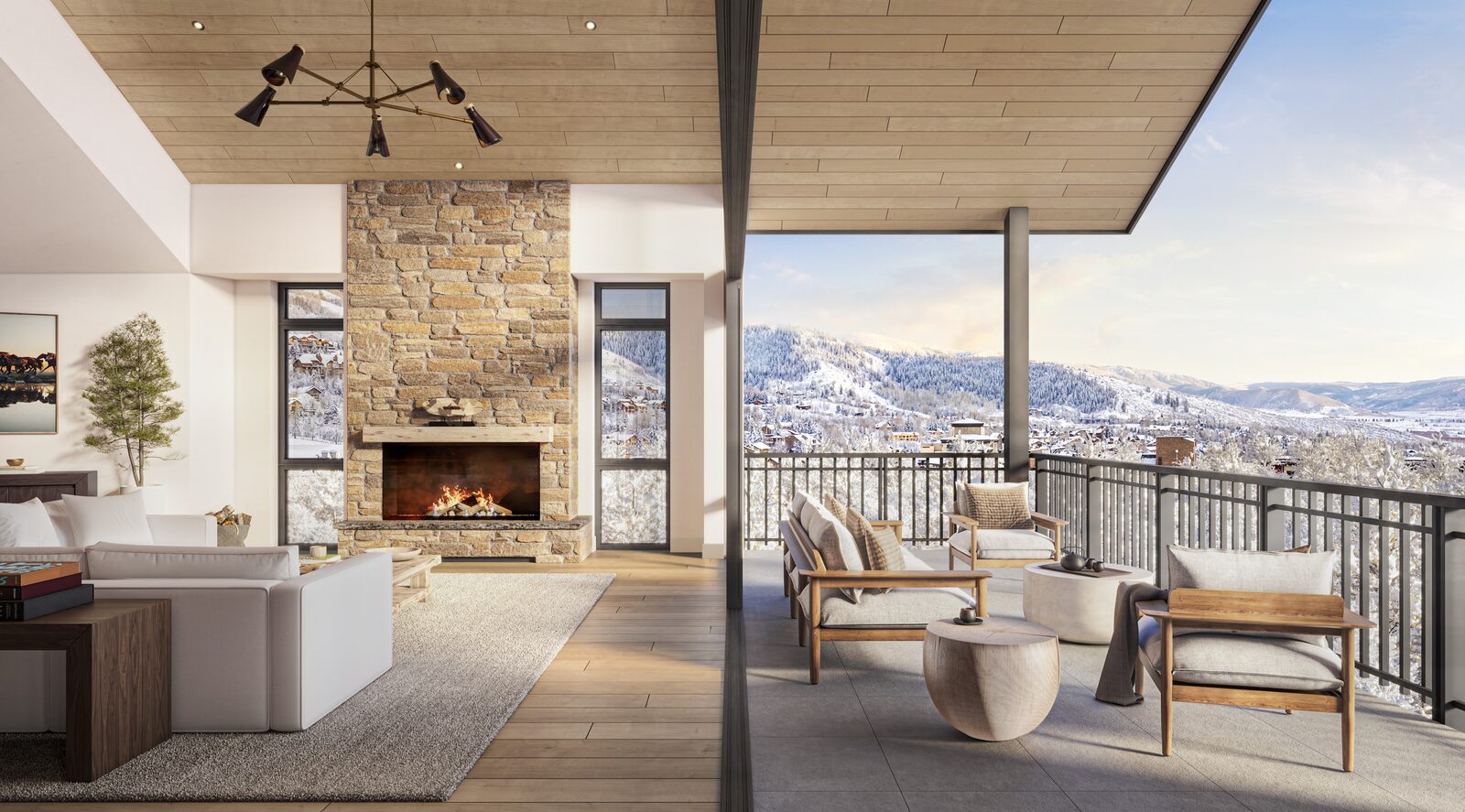 Indoor and outdoor living room connected to a terrace.